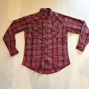 Wrangler Mens Western Snap Shirt Red Black Plaid Cowboy Workwear Medium Pearl